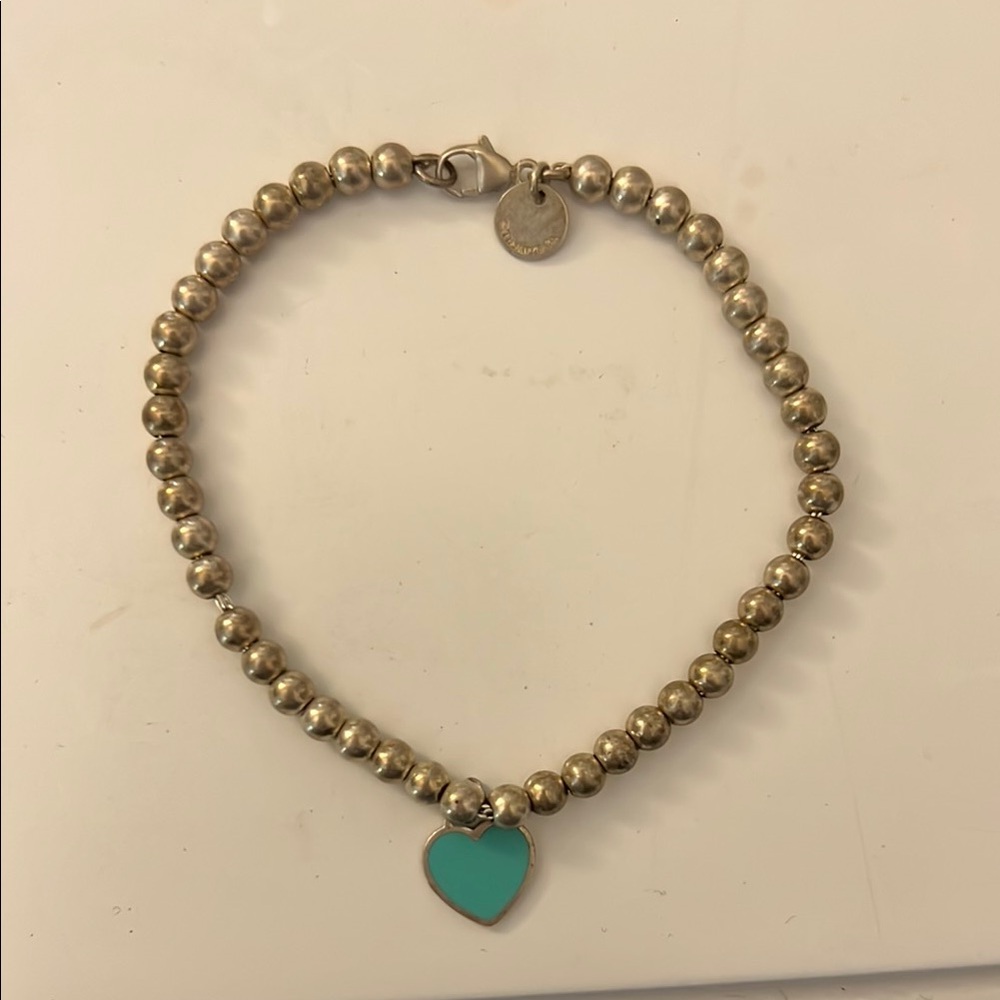 Tiffany & Co. Silver Beaded Bracelet with Turquoise Heart Charm